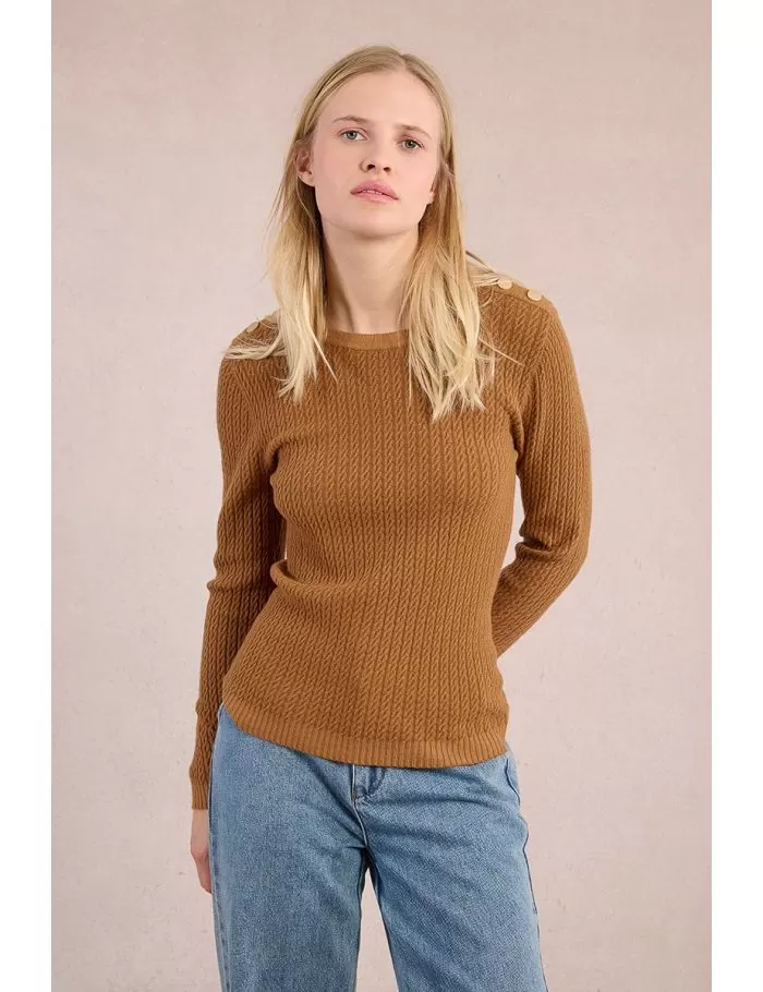 Cable knit, buttoned shoulder tab