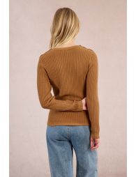 Cable knit, buttoned shoulder tab