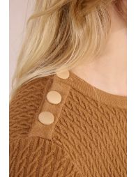 Cable knit, buttoned shoulder tab