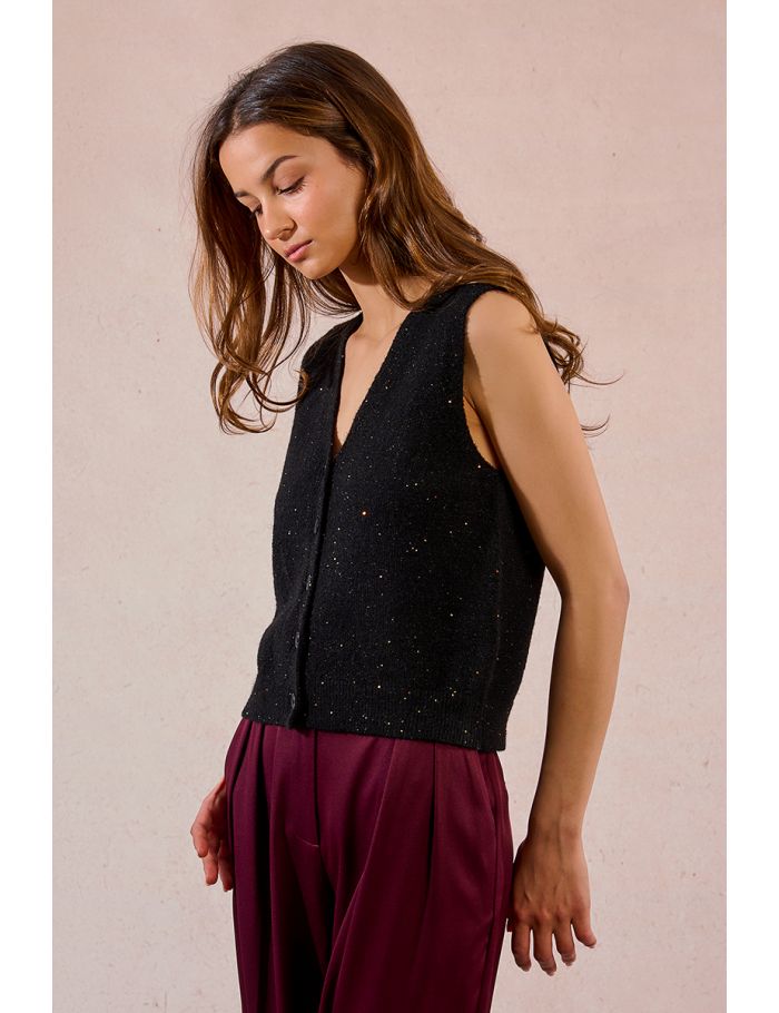 Sleeveless knit cardigan studded with sequins