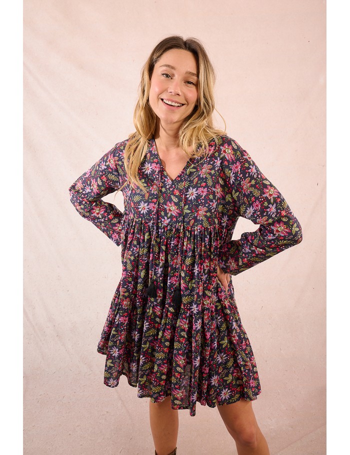 Vestido de manga larga con estampado y lazada