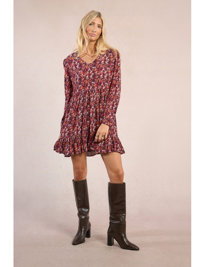 Vestido de manga larga pliegues y estampado