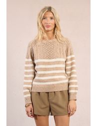 Striped knitted sweater, openwork bust