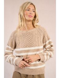 Striped knitted sweater, openwork bust