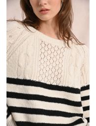 Striped knitted sweater, openwork bust