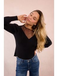 Bi-material sweater, puffed sleeves