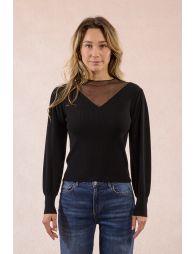 Bi-material sweater, puffed sleeves
