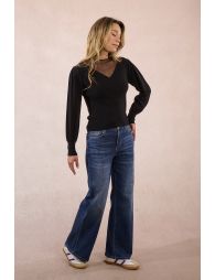 Bi-material sweater, puffed sleeves