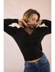 Bi-material sweater, puffed sleeves
