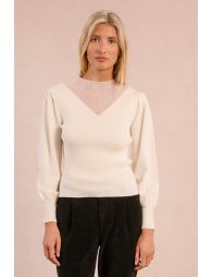 Bi-material sweater, puffed sleeves