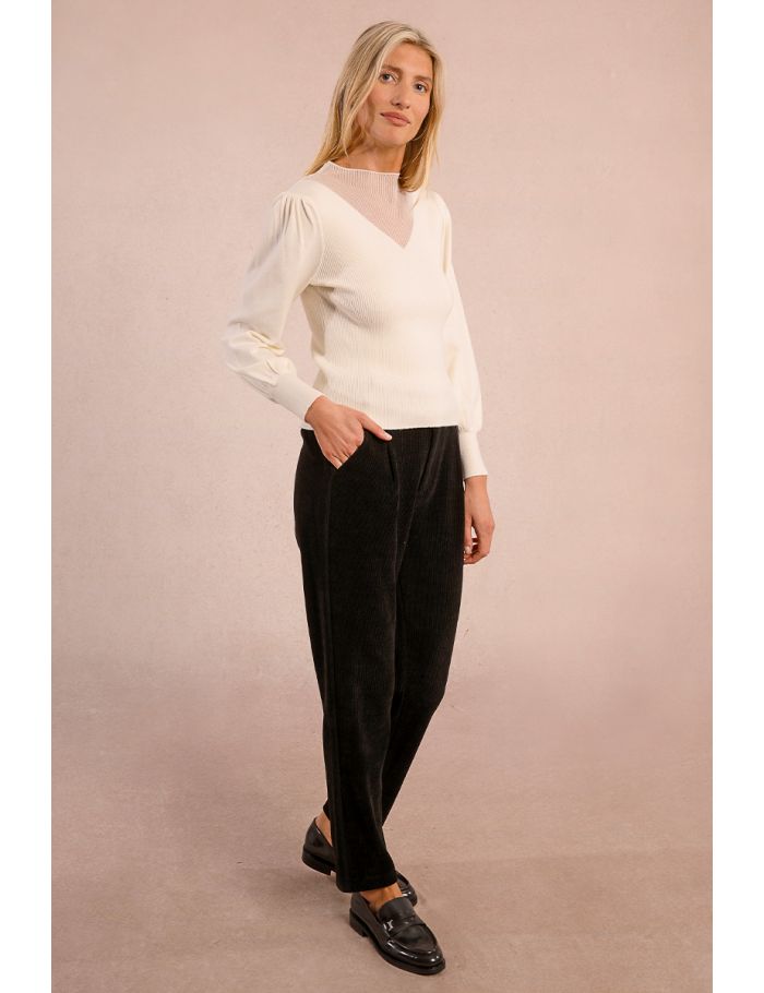 Bi-material sweater, puffed sleeves