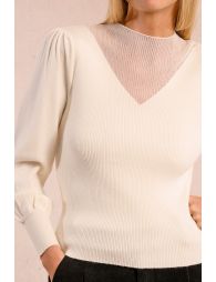 Bi-material sweater, puffed sleeves