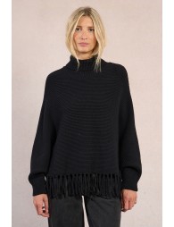 Poncho type sweater with fringes