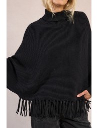 Poncho type sweater with fringes