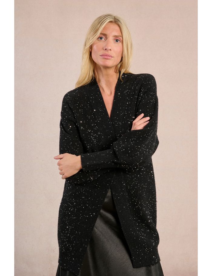 Gilet long ouvert en maille, parsemé de strass