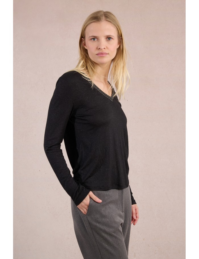 T-shirt à col V, orné de strass