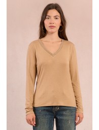 T-shirt à col V, orné de strass