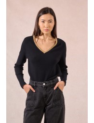 Sweater with iridescent collar trim