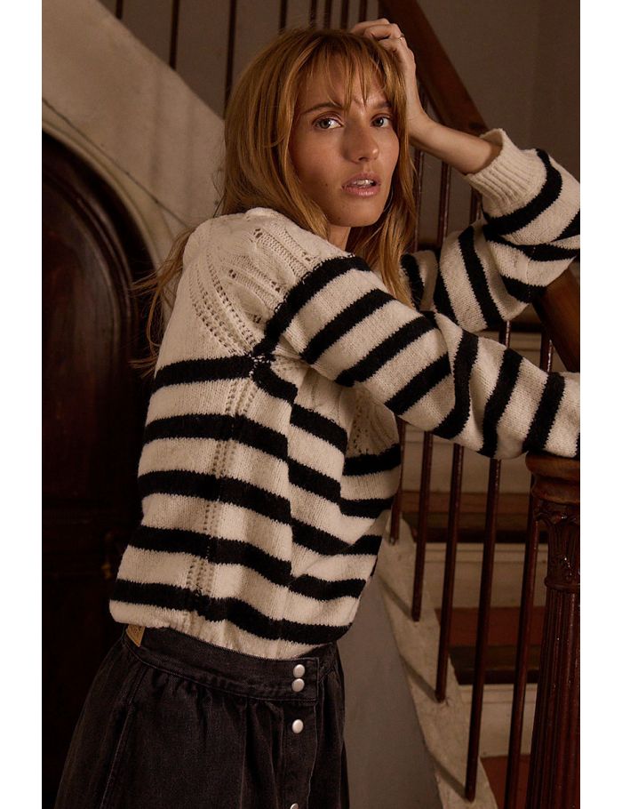 Striped knitted sweater, openwork bust