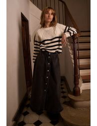 Striped knitted sweater, openwork bust