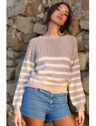 Striped knitted sweater, openwork bust