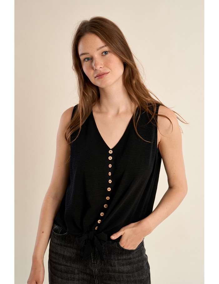 Top de mujer de manga sisa, con botones y lazada.