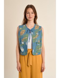 Chaleco de mujer corto, con estampado y lazada.
