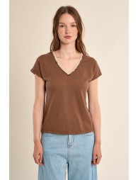 T-shirt col V, avec broderie et perles