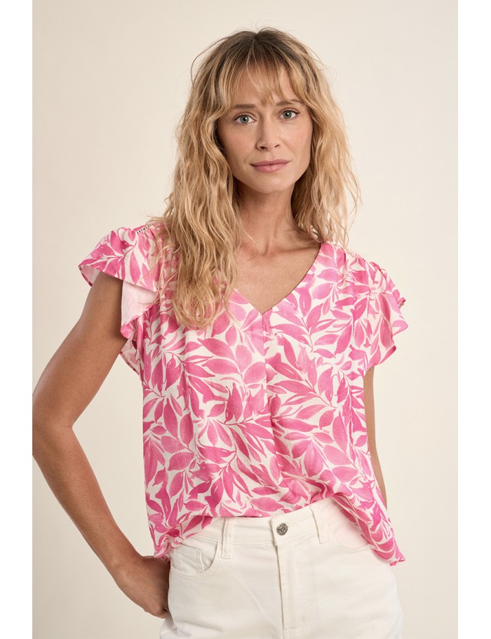 Top de mujer de manga corta, con volantes y estampado.