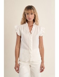 Camisa de mujer de manga corta, detalle volantes.