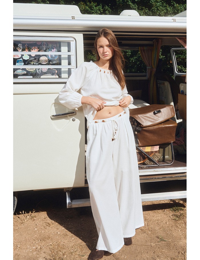 Wide pants, beaded drawstrings