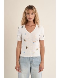 Jersey de mujer de manga corta, detalle flores.