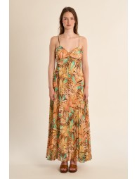 Robe longue plissée, imprimée