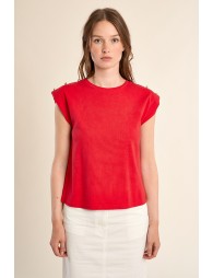 Camiseta de mujer de manga corta, detalle botones.