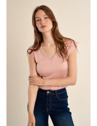 V-neck T-shirt, embellished with rhinestones