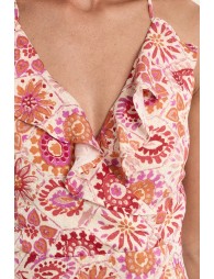 Vestido largo, de tirantes, con estampado y volantes.