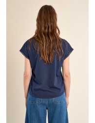 T-shirt à col V, détail dentelle