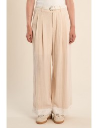 Pantalon droit taille haute, détail dentelle