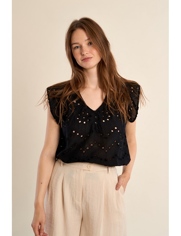 Top en coton, broderies ajourées