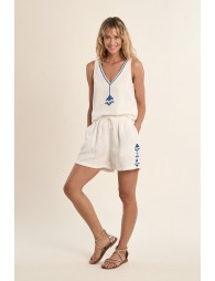 Embroidered tank top, in cotton gauze