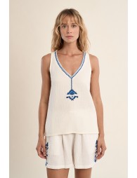 Embroidered tank top, in cotton gauze