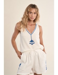 Embroidered tank top, in cotton gauze