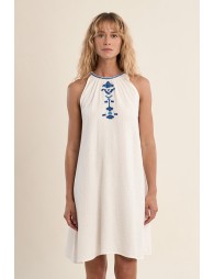Short embroidered dress, in cotton gauze