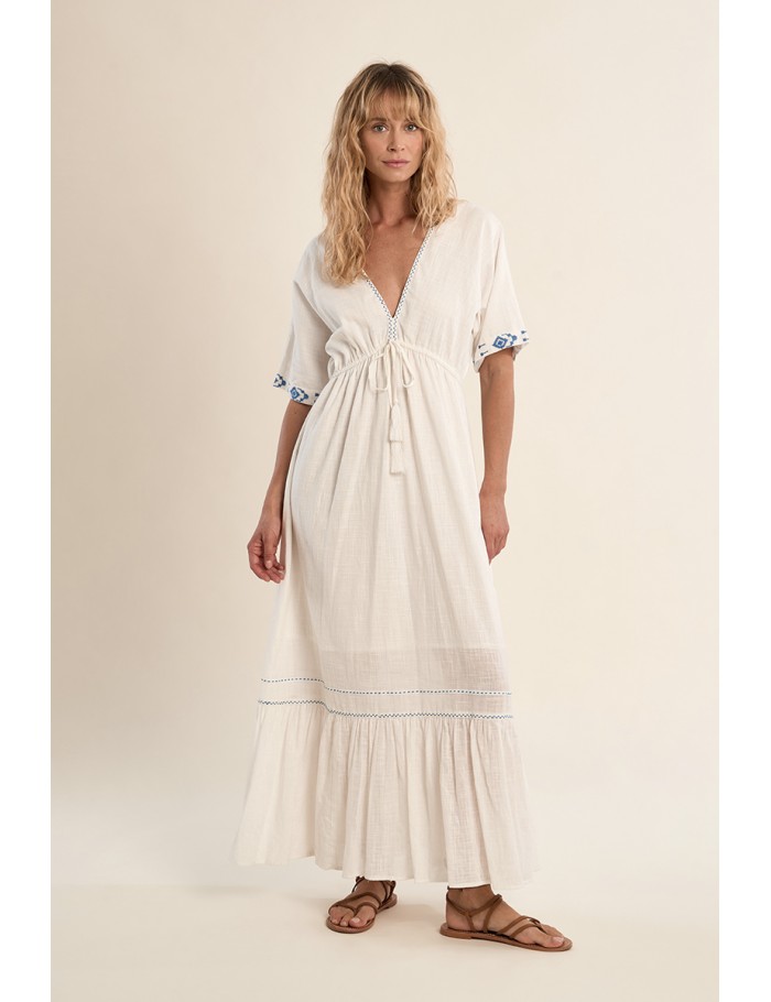 Long cotton dress, with embroidery