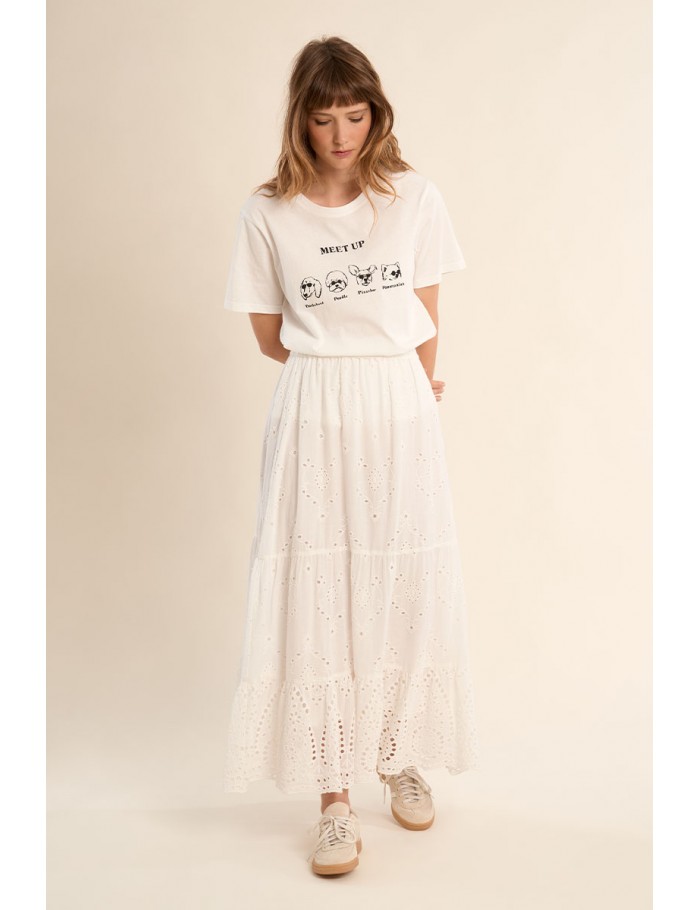 Long cotton skirt, with broderie anglaise