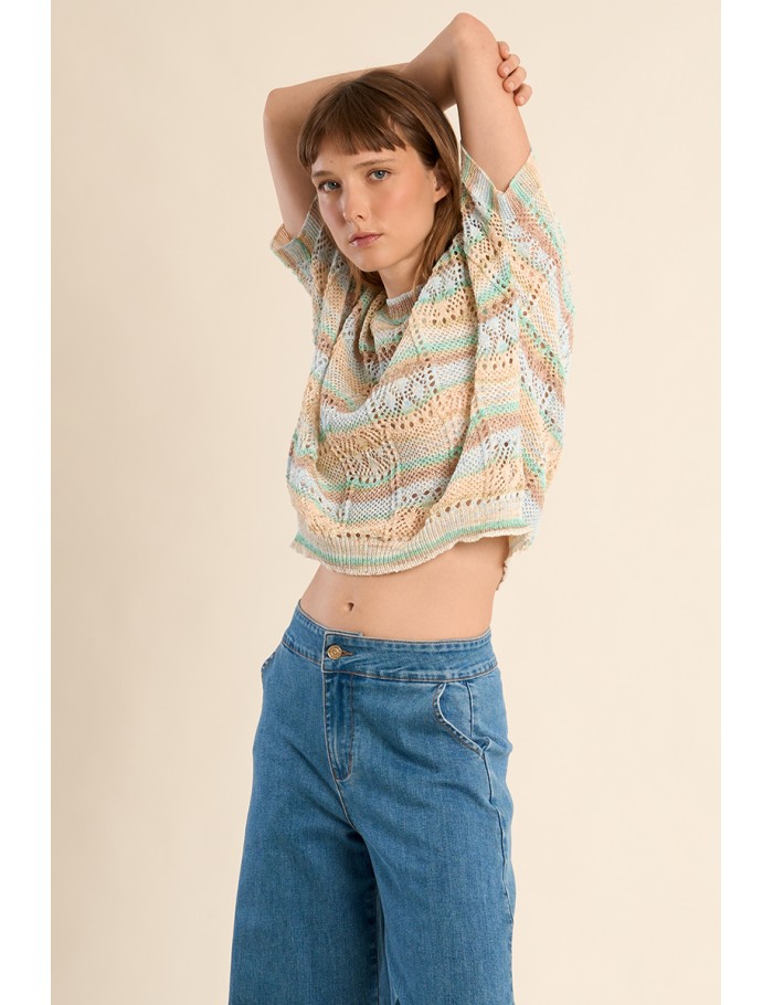 Openwork knit with short sleeves, multicoloured stripes