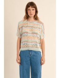 Openwork knit with short sleeves, multicoloured stripes