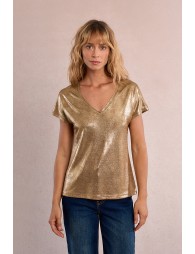 Camiseta de mujer de manga corta, en tejido metalizado.