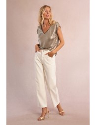 Camiseta de mujer de manga corta, tejido brillante.