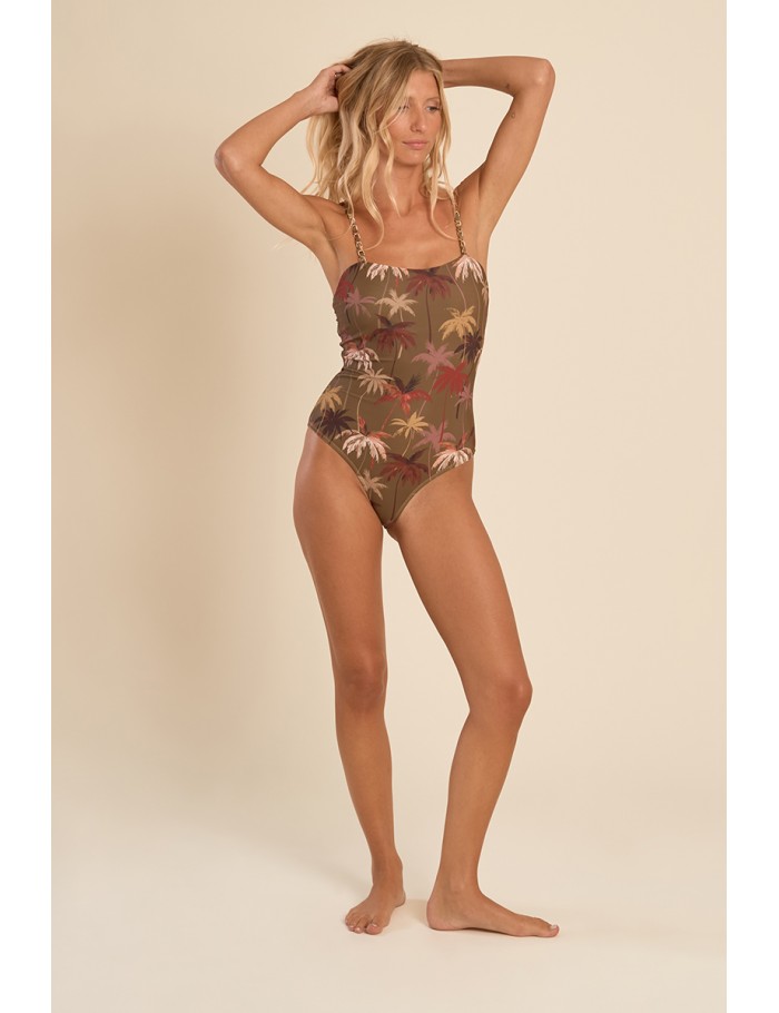 Bañador de tirantes finos, estampado tropical.